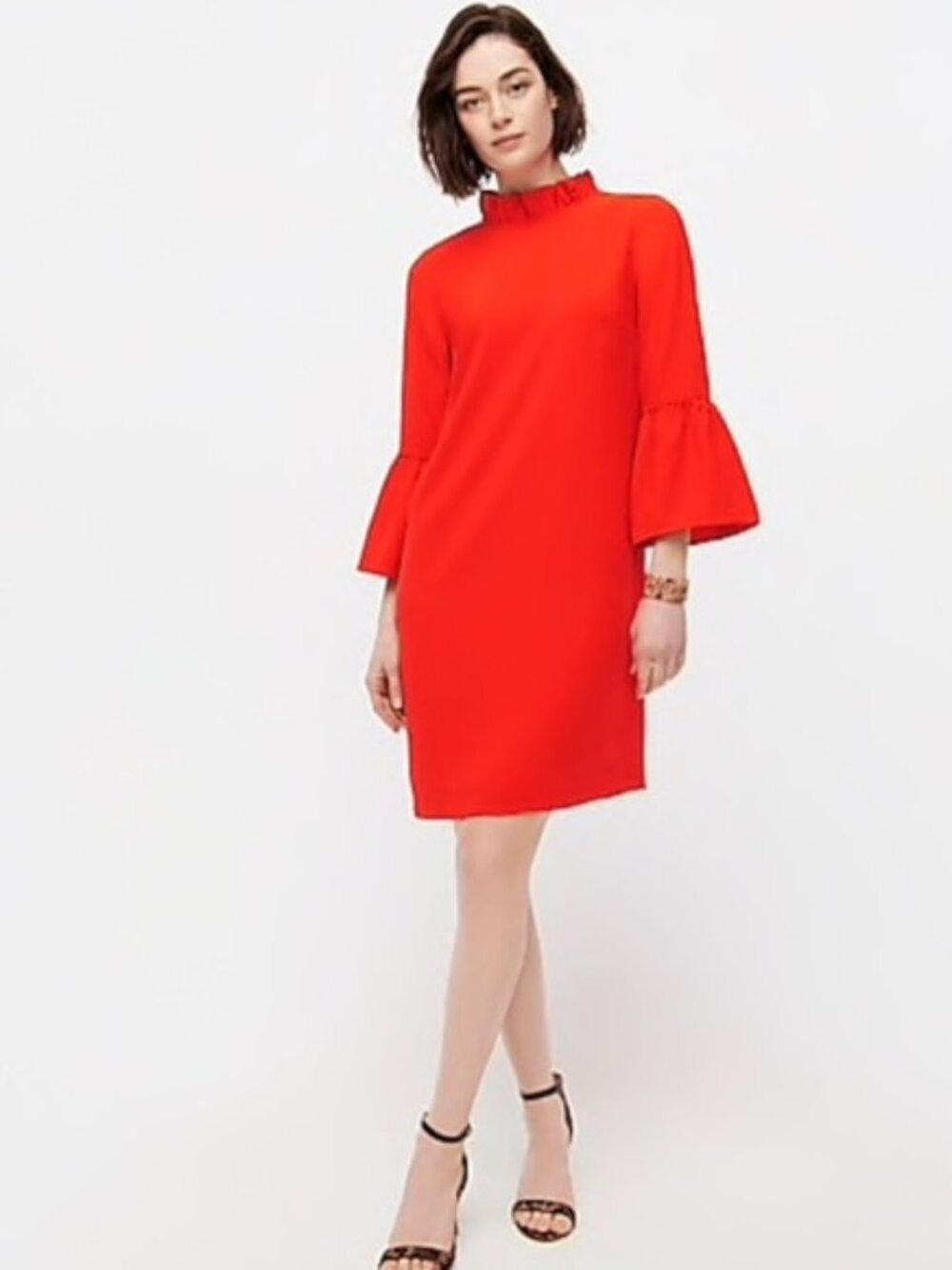 J. Crew Bright Orange Ruffle-Neck Bell Sleeve Dress - 14